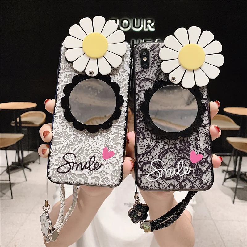 Lace Flower Makeup Mirror Phone Case For Samsung Galaxy S8 S9 S10 Lite S7 S6 Edge Plus C5 C7 C9 Note 8 9 With Lanyard Back Cover