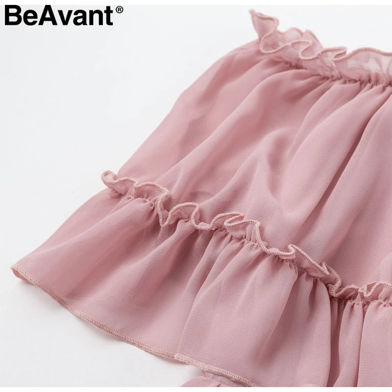 BeAvant шифоновые летние платья с открытыми плечами, женское Плиссированное короткое платье с рюшами, розовое элегантное праздничное свободное пляжное мини-платье