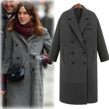 

womens hot slae autunm winter Slim double breasted super long wool coat lady big code overcoat girl outercoat