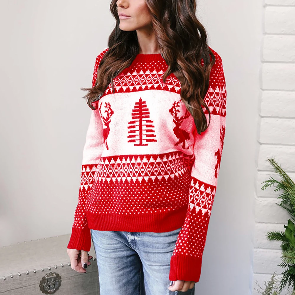 Jocoo Jolee, Женский Рождественский свитер с оленем, осенне-зимний Теплый новогодний вязаный свитер, повседневный теплый пуловер с круглым вырезом размера плюс