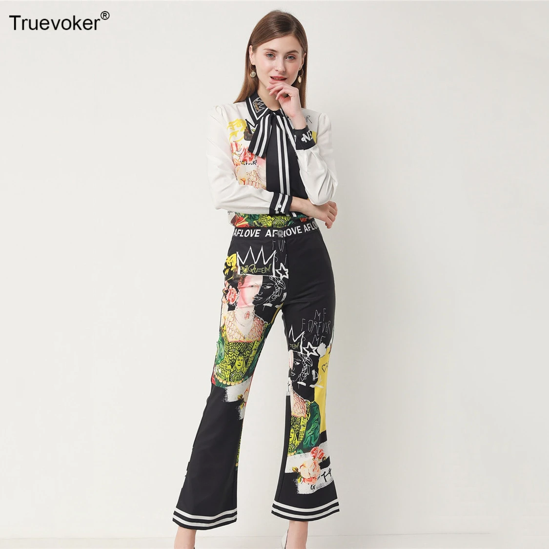 Truevoker весенние Подиумные костюмы из двух частей Женские High Street топ с принтом+ брюки костюм для отдыха женские Twinsets