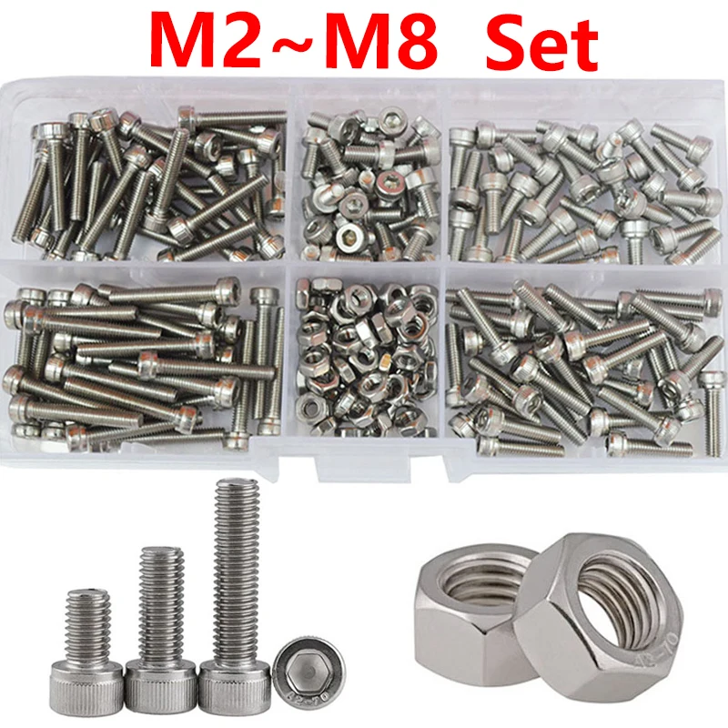 Hexagon Socket Machine Screws Nut Set 304 Stainless Steel  M2 M2.5 M3 M4 M5 M6 M8 hexagonal head screw Assortment Kit