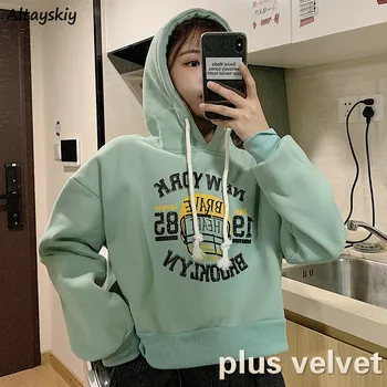 

Hoodies Women Printed Plus Velvet Loose Short Pullovers Hooded BF Korean Style Kawaii Lovely Daily Streetwear Womens Trendy Chic