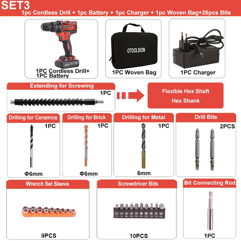 SET3 (1 pc battery) 21 в двойная скорость ударная аккумуляторная отвертка маленькая дрель электрические инструменты молотковая Дрель ударная Отвертка аккумуляторная дрель+ сумка для сумки - Цвет: SET3 (1 pc battery)