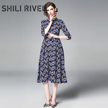 

New spring summer long shirt dress for women a line half sleeve casual slim elegant floral print button swing midi dress blue