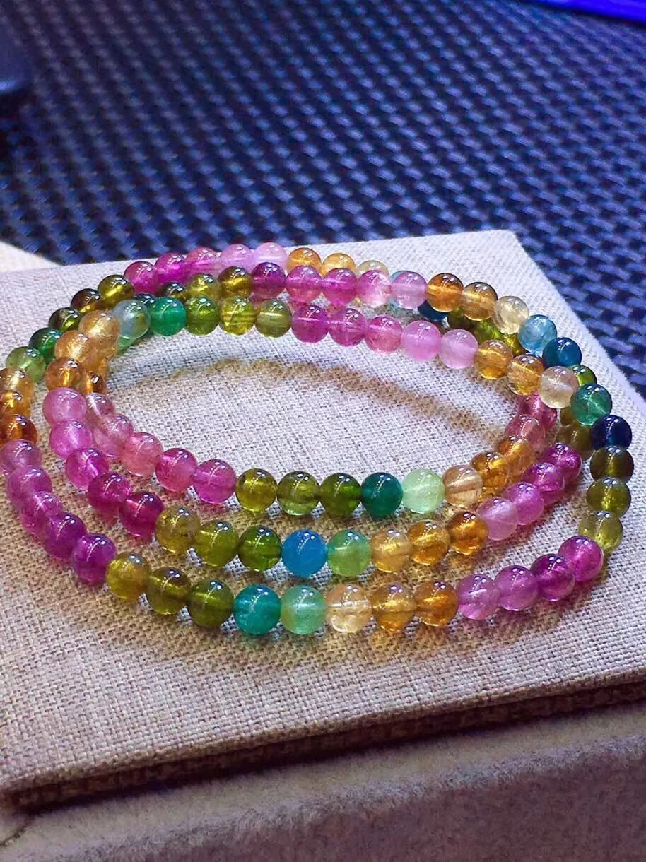 

5mm Genuine Natural Rainbow Tourmaline Crystal Bracelet For Women Lady Stretch 3 Laps Round Beads Fashion Bracelet Jewelry AAAAA