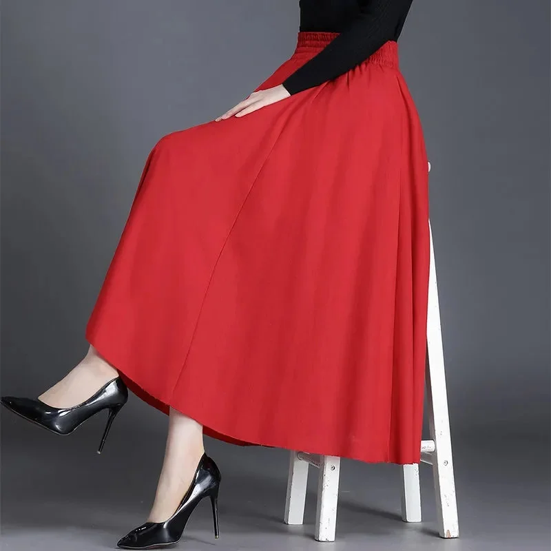 Autumn 2021Women New National Style Cotton Linen Skirt With Big Hem Solid Color Dancing Dress High Waist A-line Female SkirtA472 black leather skirt Skirts