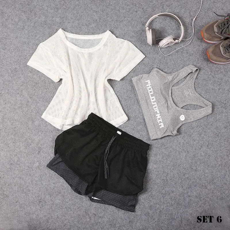 Set 6 Спортивная одежда, комплект из трех предметов для йоги, Спортивная рубашка для женщин, спортивный бюстгальтер для фитнеса, расклешенные штаны, леггинсы, спортивный костюм, леггинсы для спортзала, 15 цветов - Цвет: Set 6