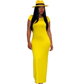 

High Stretch Summer Long Dress 2020 Women O-neck Short Sleeve Solid Slim Ankle-length Bodycon Maxi Dress Sundress Femme Robe