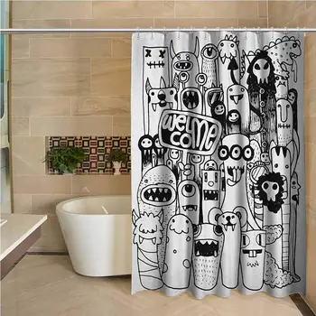 

Indie Precision Custom Shower Curtain Hand Drawn Doodle Style Cartoon Figures Monsters Welcoming Community Funny Crazy Modern