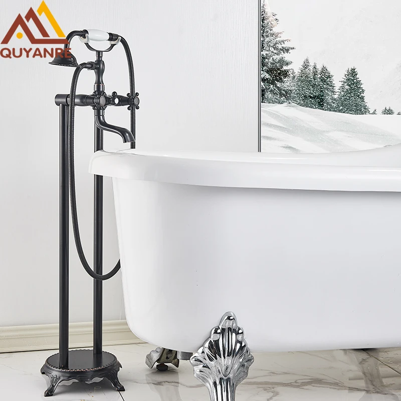 Bronzeสีดำยืนก๊อกน้ำDualจับร้อนเย็นน้ำฝักบัวสำหรับห้องน้ำอ่างอาบน้ำก๊อกน้ำฝักบัว 1