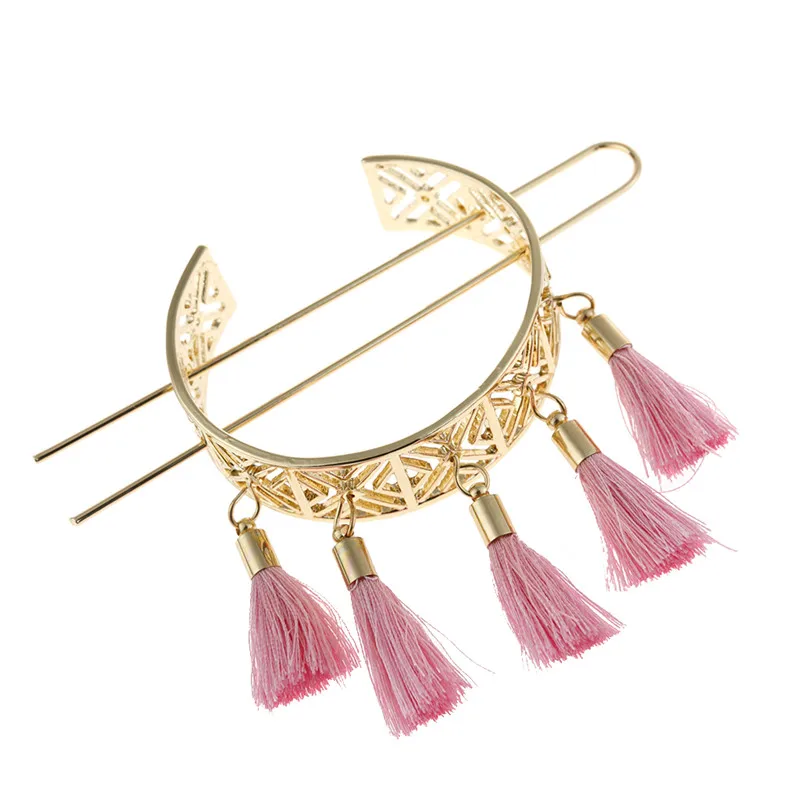 Vintage Hollow Out Red Tassel Hair Sticks Women Fashion Jewelry Female Bridal Hair Accessories Boho Bun Golden Pin
