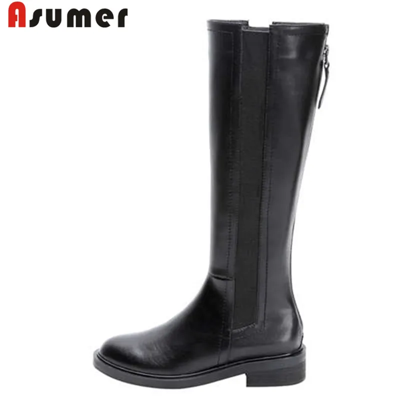 

ASUMER 2020 new pu+cow leather boots med heels knee high boots round toe simple autumn winter Riding boots big size
