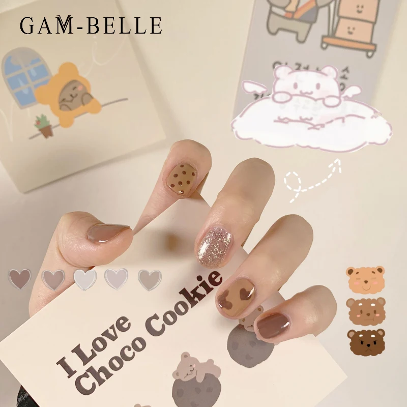 GAM-BELLE милый блеск коричневый Медведь узор поддельные ногти французский квадрат