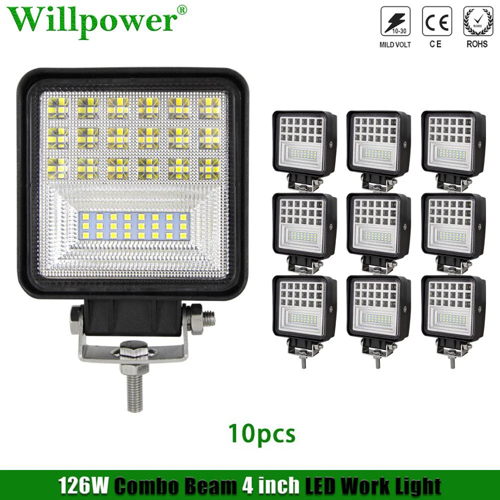 

10pcs Offroad Car 126W 4" inch LED Work Light For Tractor Loader Forklift Pickup SUV 4x4 Truck 4WD Flood Spot Driving Fog Lamp