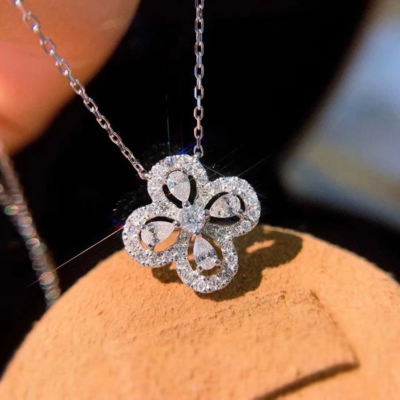 

NPKDS Trendy Water Drop 925 Sterling Silver Pendant Necklace Clover Design Zircon Clavicle Chain Women Bridal Wedding Jewelry