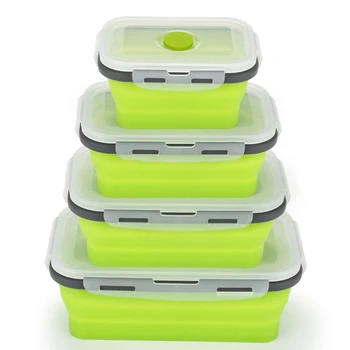 

Practical 4Pcs Set Foldable Silicone Food Lunch Box Fruit Salad Storage Food Box Container Dinnerware Conveniently Lunch Box Gre