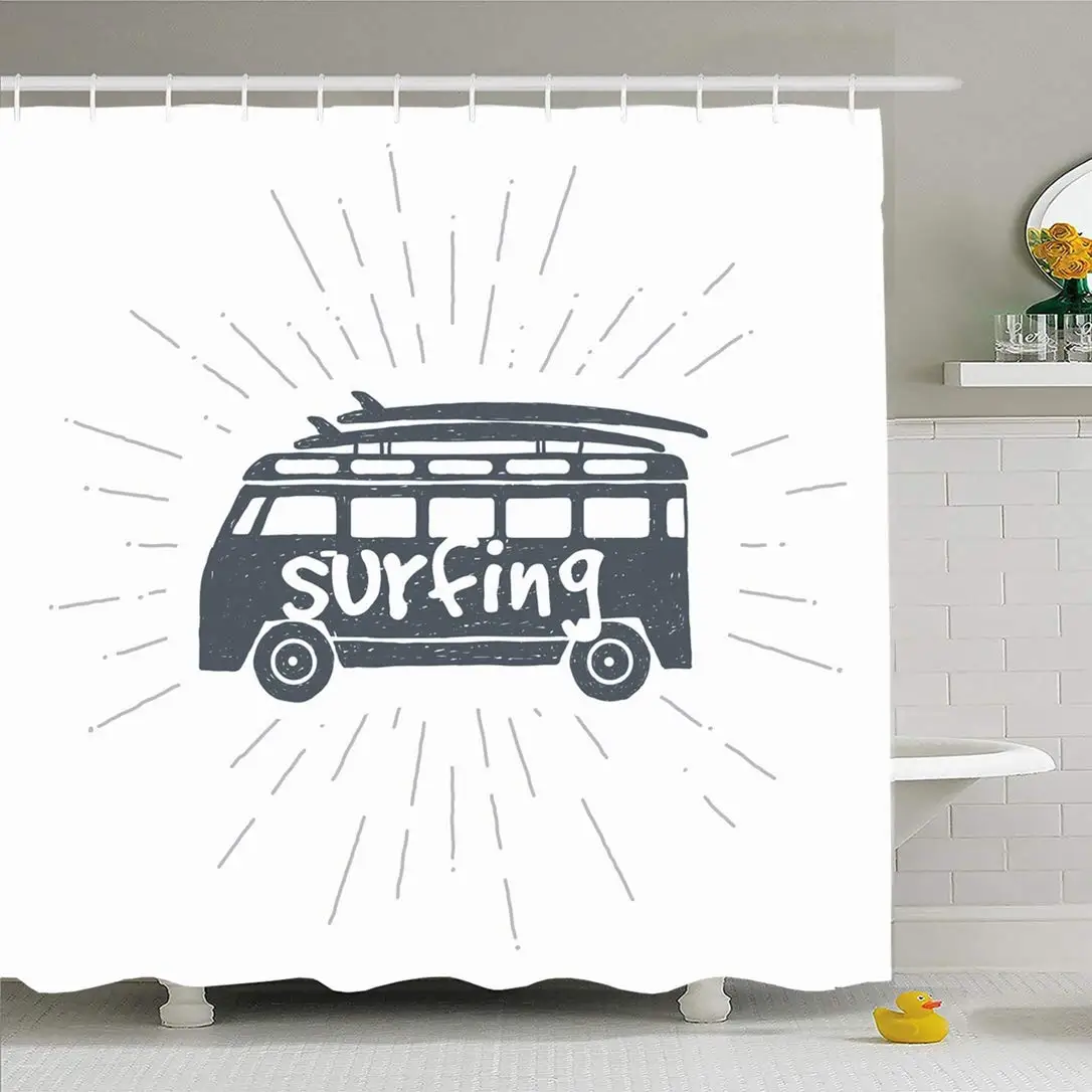 

Shower Curtain Set with Hooks 72x72 Vacation Graphic Surf Trip Old Drawn Lifestyle Concept Summer Surfing Transportation Signs