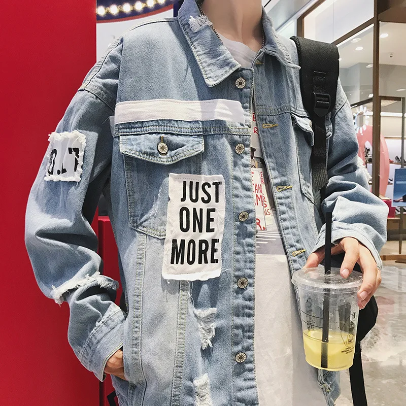 

Jeans Coat Men's Spring And Autumn INS Korean-style Trend Washing with Holes Jacket Hong Kong Style Students Loose-Fit Baseball
