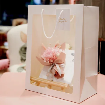 

Isn Wind Window Transparent Handbag Rectangular White Bag Flower Gift Bag Mother's Day Gift Bag