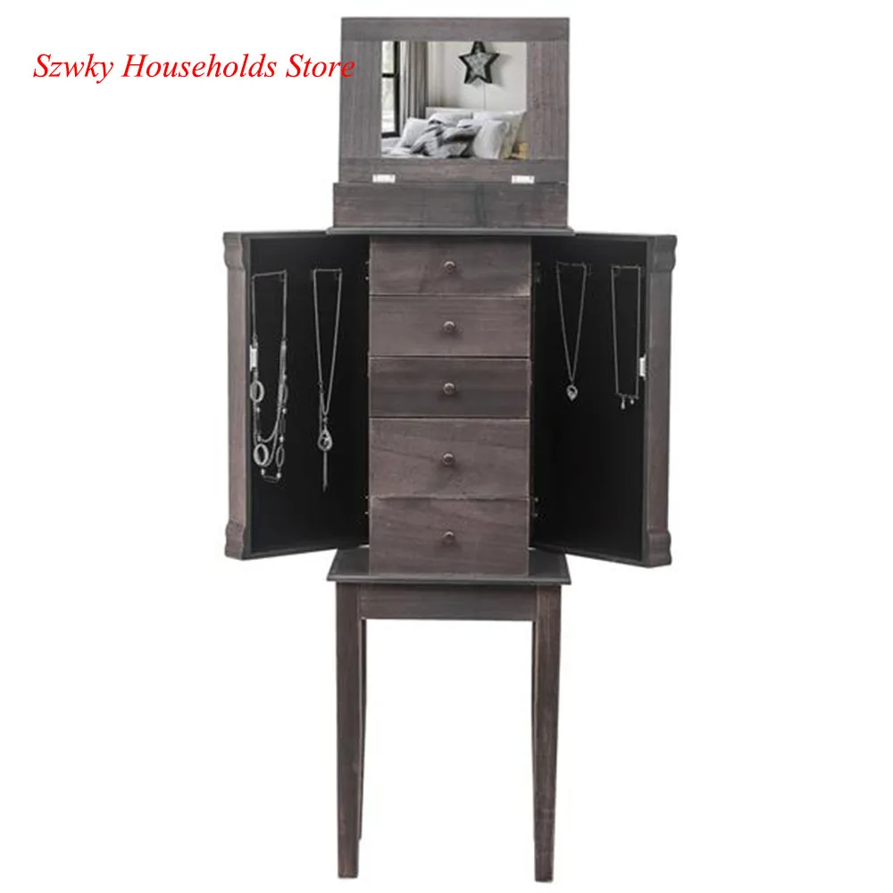 

Standing Jewelry Armoire with Mirror 5 Drawers&8 Necklace Hooks Jewelry Cabinet Chest with Top Storage Organizer Grey