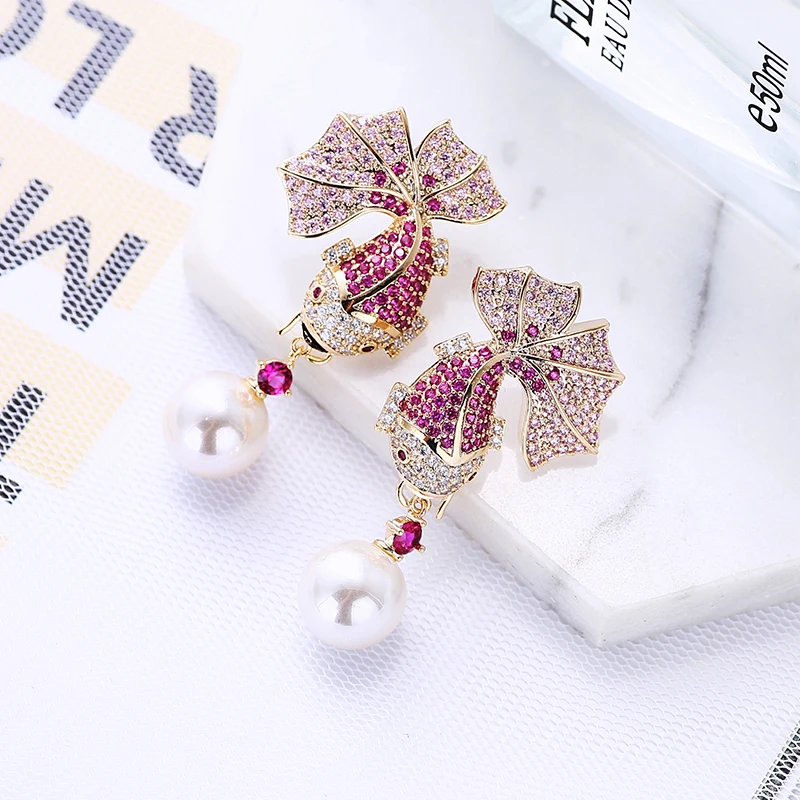 Cute Animal Earrings Luxury CZ Zircon Stone Wedding Jewelry Personalized Carp Shape Design Fashion Women Drop Earrings Brazil