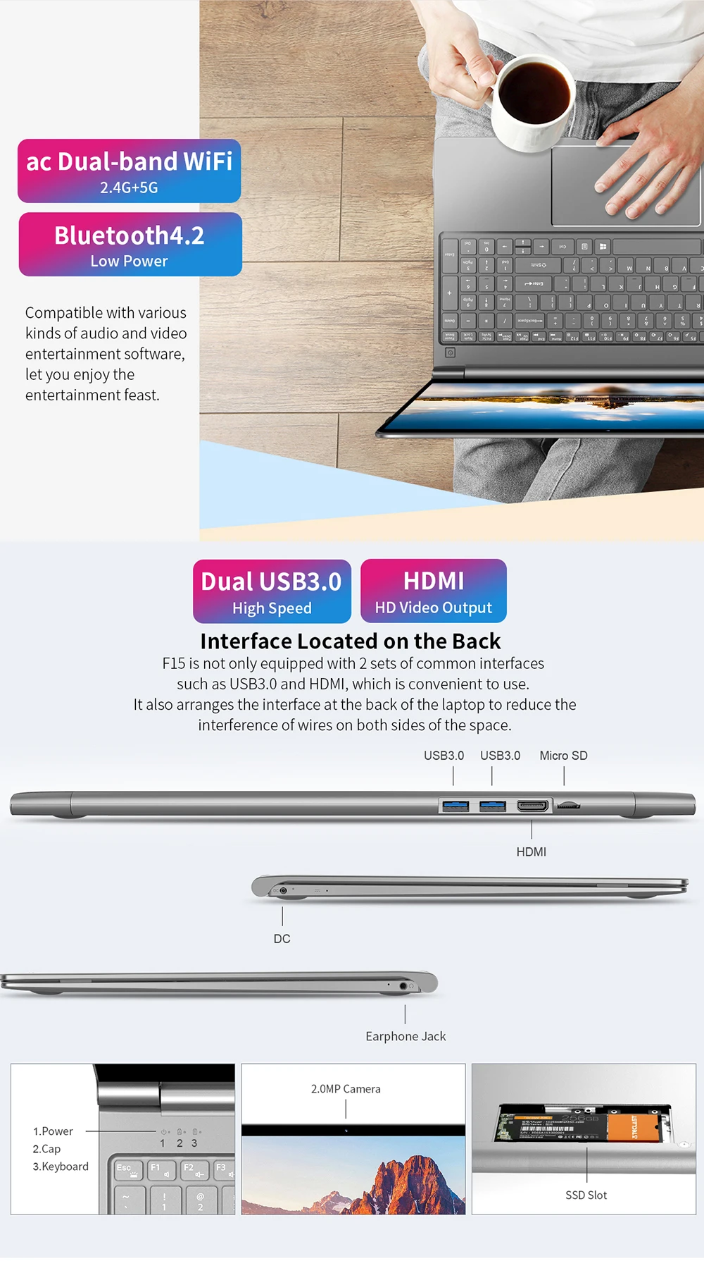 Ноутбук Teclast F15 Windows 10 15,6 дюймов 1920x1080 FHD Intel Gemini Lake N4100 8 ГБ ОЗУ 256 ГБ SSD ноутбук с подсветкой клавиатуры HDMI