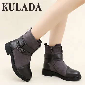 baratas Kulada Nova Motocicleta Botas De Inverno Das Senhoras Do Vintage Botas De Combate Do Exército Punk Goth Botas Femininas Motociclista Camurça Grossa Pele Quente Botas