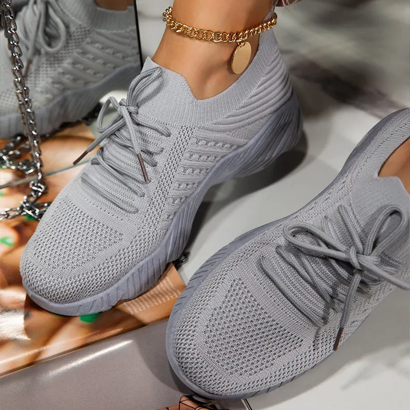Zapatillas de deporte transpirables de punto para mujer, calcetines informales con cordones, zapatos planos vulcanizados para correr, Primavera