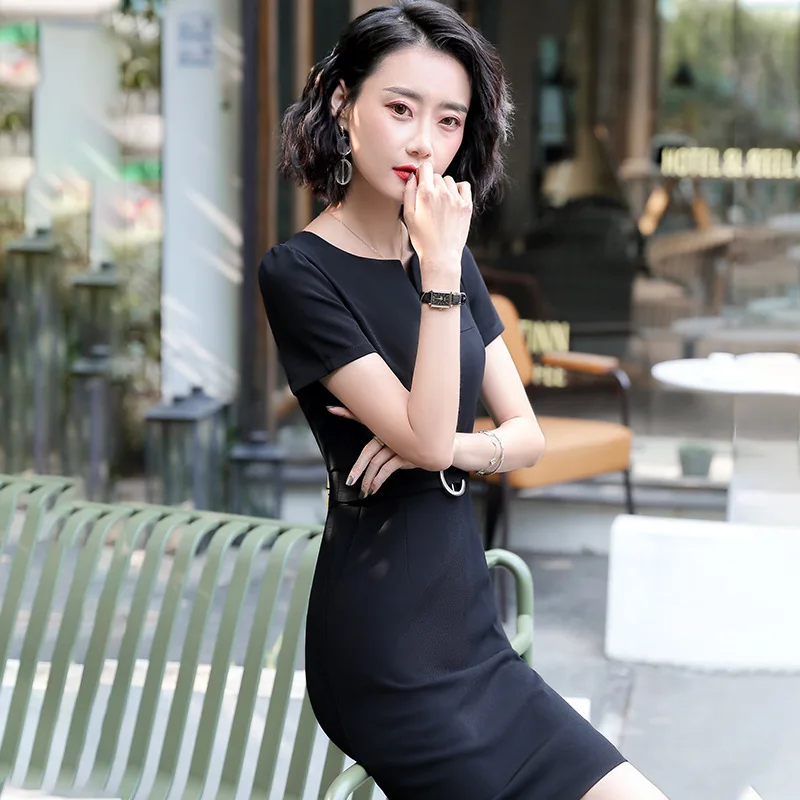 

Black And White with Pattern Short-sleeve Dress Women's 2020 Spring And Summer Fashion Elegant Mid-length Slim Fit Sheath Busine