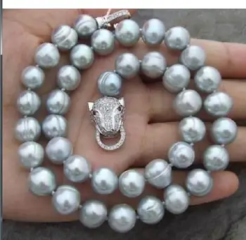 

light natural Pendant diy real jewelry 9-10MM South Sea Gray Baroque Pearl Necklace 18“ Leopard head buckle