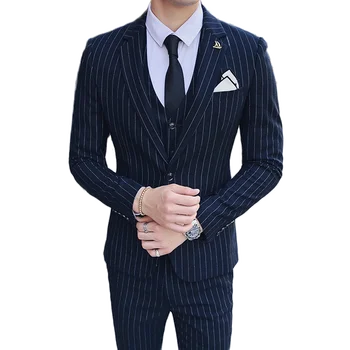 

Jacket+Vest+Pant Men Suit Fashion 2020 British style Slim Fit Male Dress Suits High Quality Business Casual stripe Floral Blazer
