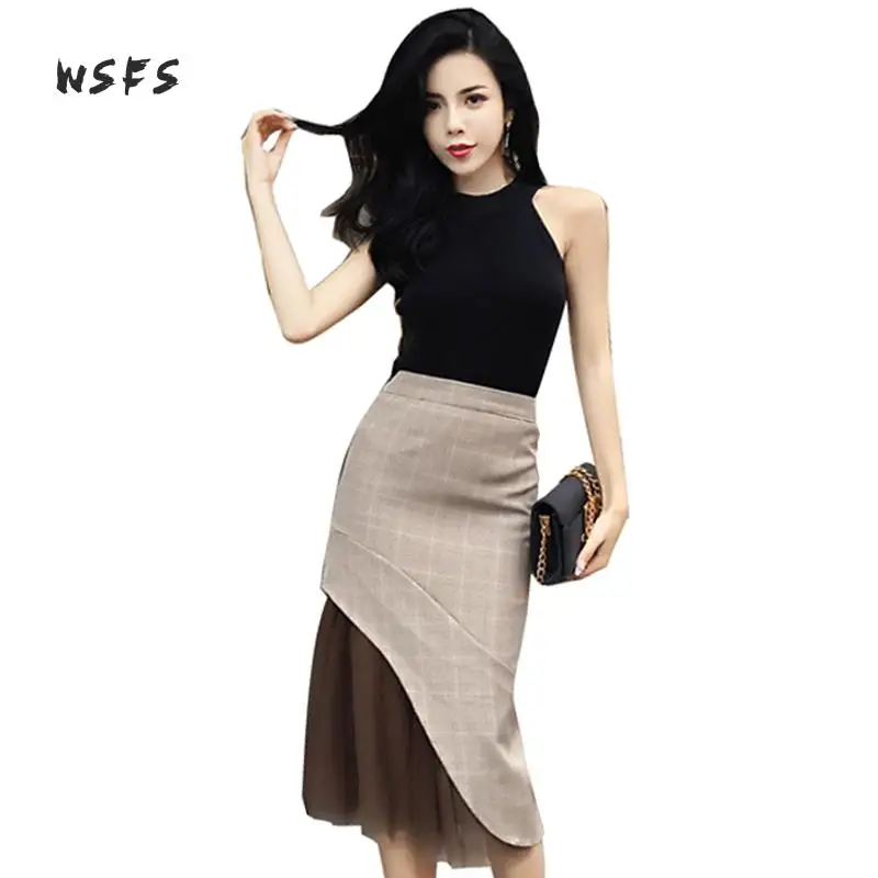 

2 Pieces Sets Black Knitted Tanks Blouses Tops Pullover Sleeveless Mesh Khaki Plaid Midi Skirts Bandage Office Lady Suit Dress