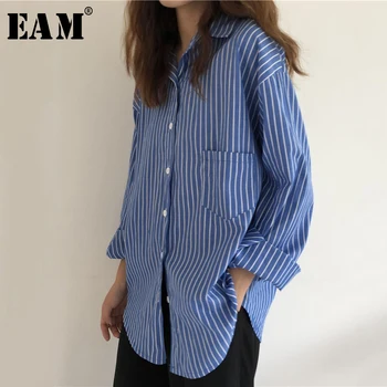 

[EAM] Women Blue Striped Split Joint Big Size Blouse New Lapel Long Sleeve Loose Fit Shirt Fashion Tide Spring Autumn 2020 1T253