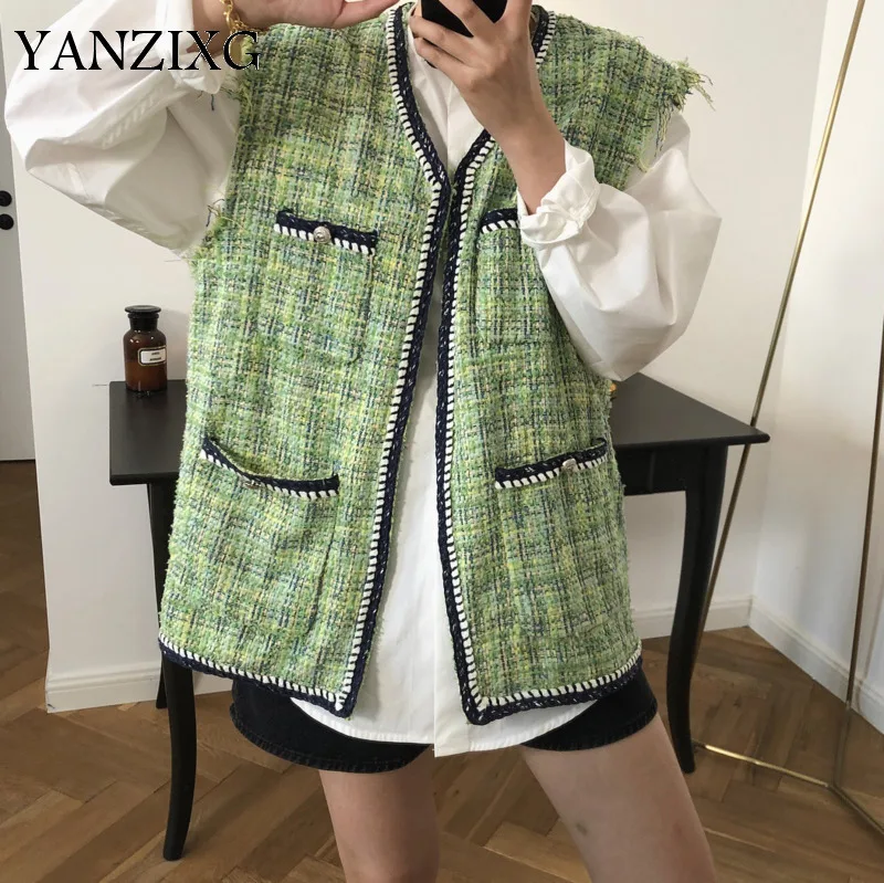 

Plaid Sleeveless Fringed Cotton Cardigan Wavy Side Vest Wild Casual Fashion Loose Plus Woman 2019 Autumn New Z870