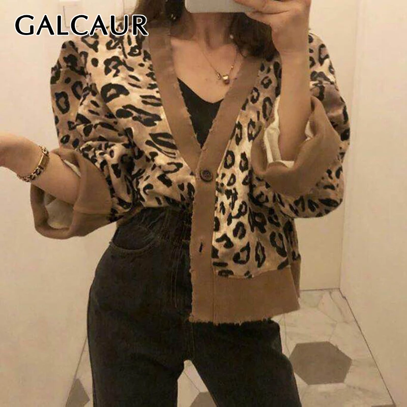

GALCAUR Leopard Frayed Women's Autumn Coats V Neck Long Sleeve Hit Color Coat For Women Fashion Korean Clothing 2019 New