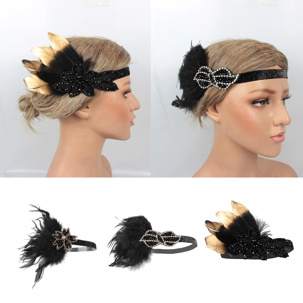 Women's Vintage Feather Headband, Black Rhinestone 20s Flapper Headband - Roaring 1920s Headpiece - Elastic Band