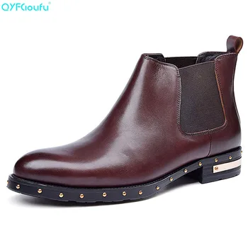 

QYFCIOUFU Luxury High Top Chelsea Boots Rivets Slip On Black Brown Genuine Leather Ankle Boots Mens Fashion Dress Boots Shoes