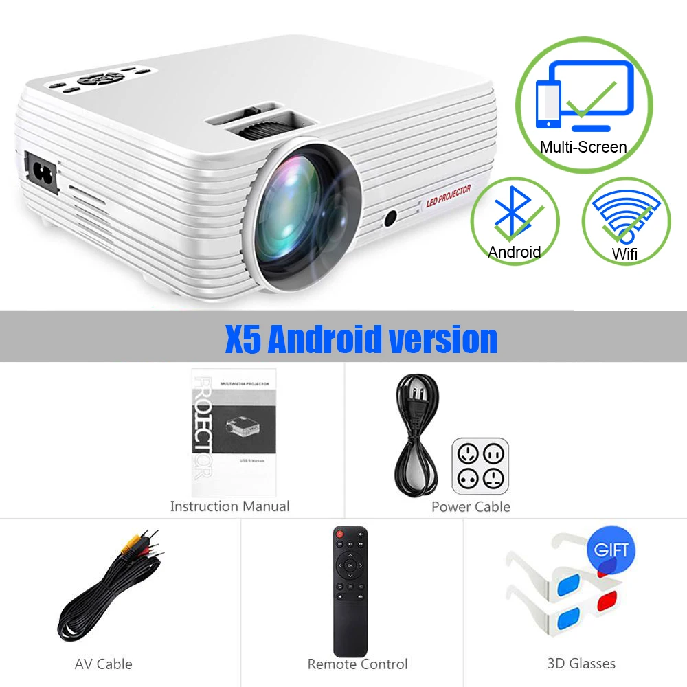 Мощный X5 мини-проектор 1800 люкс 720P Портативный кинопроектор Android 6,0 Sopport tv Stick, PS4, HDMI, VGA, TF, AV и USB - Цвет: X5 Android White