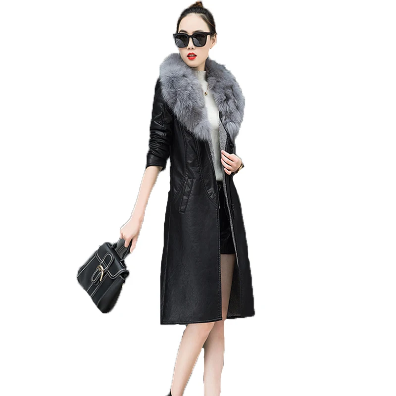 

Womens Leather Jacket 4xl Fashion Faux Fur Collar Long Sleeve Medium Long Coat 2019 New Winter Ladies Solid Wool Keep Warm Tops