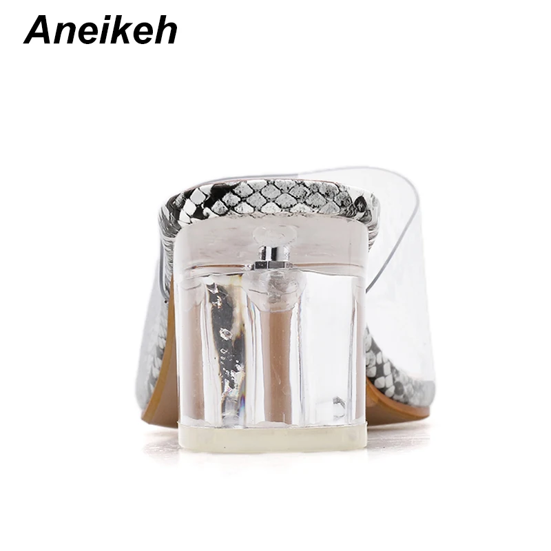 Aneikeh/модные шлепанцы из прозрачного ПВХ под змеиную кожу; женские туфли с открытым носком на высоком квадратном каблуке 5 см; модельные туфли-лодочки