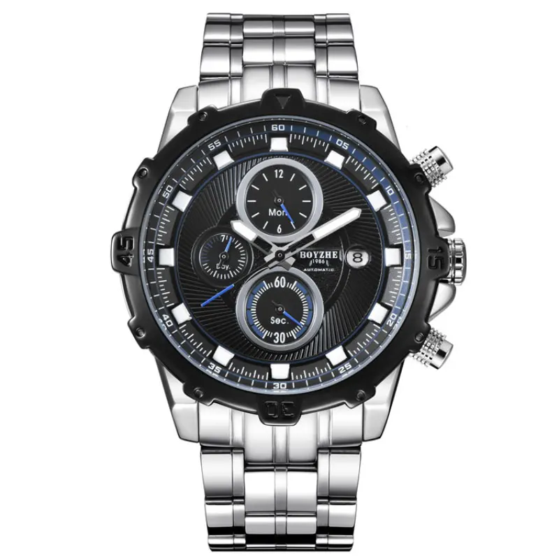 BOYZHE Steel Automatic Mechanical Watch Men's Multi-function Male Sports Watches Waterproof Luxury Clock Three Eyes Reloj | Наручные
