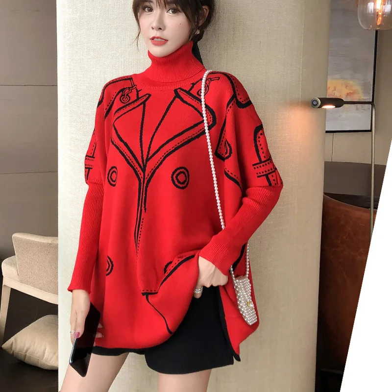 Black Pattern Oversized Turtleneck Pullover Sweater Women Autumn Winter 2025 Korean Fashion Batwing Sleeve Loose Knitted Sweater