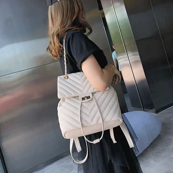 

Women PU Leather Drawstring V Black Backpacks Female Luxury Brand Designed Mini Backpack Ladies Chain School Bag Travel Rucksack