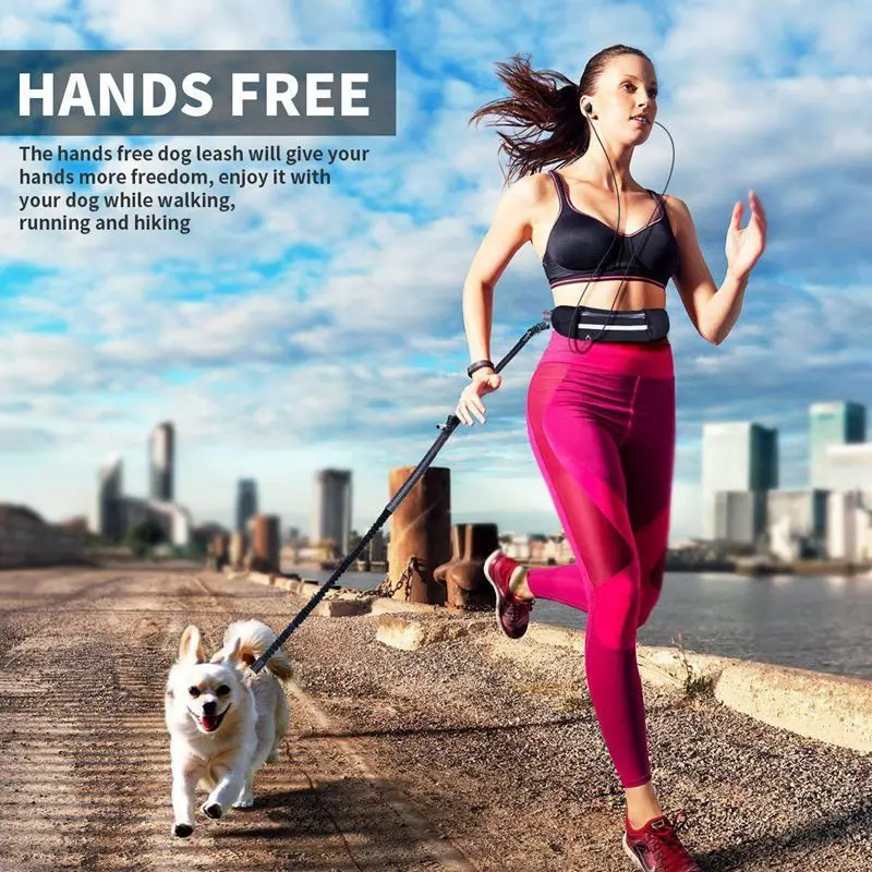 Hands Free Dog Running Leash with Waist Pocket Adjustable Belt Shock