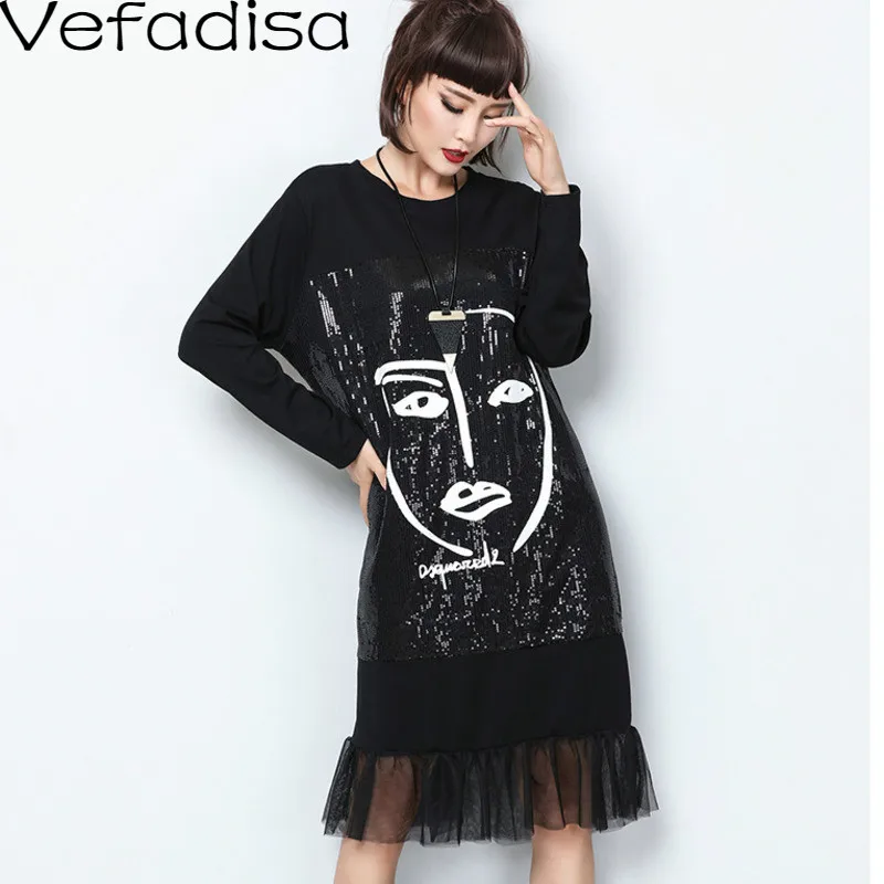 Vefadisa Black Sequin Mermaid Dress Character Print Women Dress 2020 Autumn Knee-Length Mesh Patchwork Women Dress Loose QYF3376 Vefadisa Black Sequin Mermaid Dress Character Print Women Dress 2020 Autumn Knee-Length Mesh Patchwork Women Dress Loose QYF3376