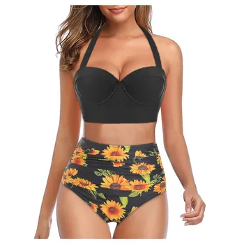 

Women Sunflower Print Summer Sexy Bra Suit 2020 Bandage Push Up Padded Bra Ladies High Waist Panties