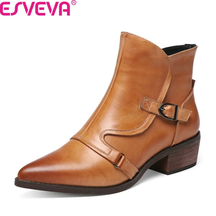

ESVEVA 2020 Sexy Pointed Toe Buckle Zipper Women Shoes Cow Leather Fashion Square Med Heel Autumn Winter Ankle Boots Size 34-39