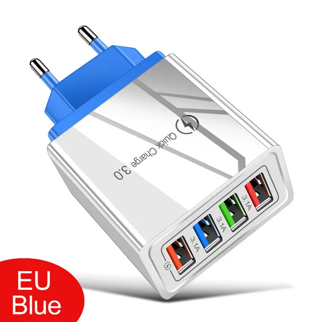 QC 3,0 Быстрая зарядка 4 USB мульти-порт 5 В/9 В/12 V смарт, для путешествий, для мобильных телефонов, зарядное устройство мобильного телефона нормами США Европейский стандарт 3A Быстрая зарядка - Цвет: Синий