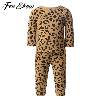 

Infant Baby Boys Girls Leopard Sleepwear Outfits Side Press Buttons Long Sleeves Shirt Top with Pants Pajamas Set